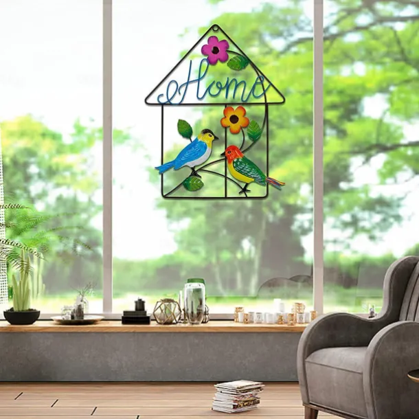 Bird Metal Wall Decor Welcome Sign, 13" Bird Flower Wall Art Front Door Outdoor Decorations, Hanging for Home Garden Yard Fence Backyard Spring Decor