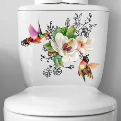 Birds Flowers Toilet Seat Lid Stickers Self-Adhesive Bathroom Wall Sticker Floral Birds Butterfly Toilet Seat Decals DIY Removable Waterproof Toilet Sticker for Bathroom Cistern Decor