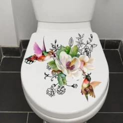 Birds Flowers Toilet Seat Lid Stickers Self-Adhesive Bathroom Wall Sticker Floral Birds Butterfly Toilet Seat Decals DIY Removable Waterproof Toilet Sticker for Bathroom Cistern Decor