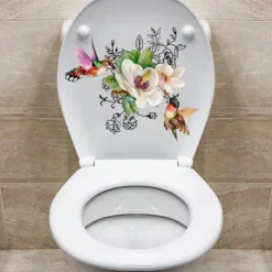 Birds Flowers Toilet Seat Lid Stickers Self-Adhesive Bathroom Wall Sticker Floral Birds Butterfly Toilet Seat Decals DIY Removable Waterproof Toilet Sticker for Bathroom Cistern Decor
