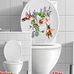 Birds Flowers Toilet Seat Lid Stickers Self-Adhesive Bathroom Wall Sticker Floral Birds Butterfly Toilet Seat Decals DIY Removable Waterproof Toilet Sticker for Bathroom Cistern Decor