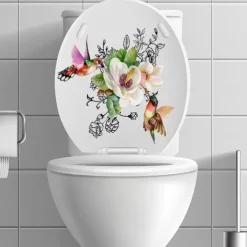 Birds Flowers Toilet Seat Lid Stickers Self-Adhesive Bathroom Wall Sticker Floral Birds Butterfly Toilet Seat Decals DIY Removable Waterproof Toilet Sticker for Bathroom Cistern Decor