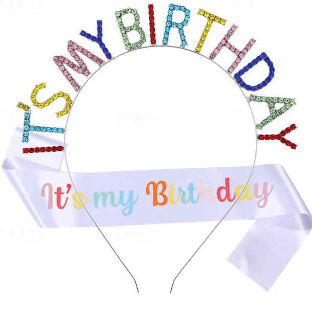 Birthday Party Colorful Decorations 2-Piece Set for Girls and Women Headband and Sash Available in Different Style