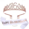 Birthday Party Decoration 3-Pc Set Crown, White Sash & Pearl Pin for Girls and Women Ages 10 to 70 Happy Birthday