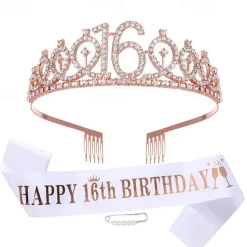 Birthday Party Decoration 3-Pc Set Crown, White Sash & Pearl Pin for Girls and Women Ages 10 to 70 Happy Birthday