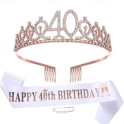 Birthday Party Decoration 3-Pc Set Crown, White Sash & Pearl Pin for Girls and Women Ages 10 to 70 Happy Birthday