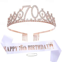 Birthday Party Decoration 3-Pc Set Crown, White Sash & Pearl Pin for Girls and Women Ages 10 to 70 Happy Birthday
