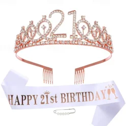 Birthday Party Decoration 3-Pc Set Crown, White Sash & Pearl Pin for Girls and Women Ages 10 to 70 Happy Birthday