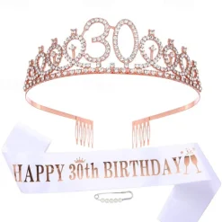 Birthday Party Decoration 3-Pc Set Crown, White Sash & Pearl Pin for Girls and Women Ages 10 to 70 Happy Birthday