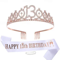 Birthday Party Decoration 3-Pc Set Crown, White Sash & Pearl Pin for Girls and Women Ages 10 to 70 Happy Birthday