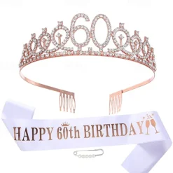 Birthday Party Decoration 3-Pc Set Crown, White Sash & Pearl Pin for Girls and Women Ages 10 to 70 Happy Birthday