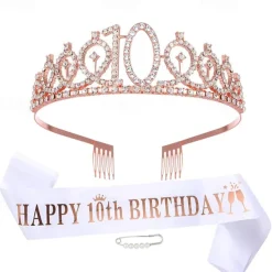 Birthday Party Decoration 3-Pc Set Crown, White Sash & Pearl Pin for Girls and Women Ages 10 to 70 Happy Birthday