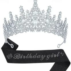 Birthday Party Elegant Birthday Girl 2-Piece Set Rhinestone-Embedded Crown and Sash for Ball and Party