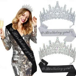 Birthday Party Elegant Birthday Girl 2-Piece Set Rhinestone-Embedded Crown and Sash for Ball and Party