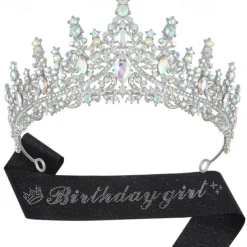 Birthday Party Elegant Birthday Girl 2-Piece Set Rhinestone-Embedded Crown and Sash for Ball and Party