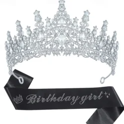 Birthday Party Elegant Birthday Girl 2-Piece Set Rhinestone-Embedded Crown and Sash for Ball and Party