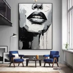 Black and White Textured lady Painting hand painted Sleeping Beauty oil painting Wall Art Abstract Face PaintingPalette Knife girl women face painting Wall Art picture for Living Room Wall Decor Art