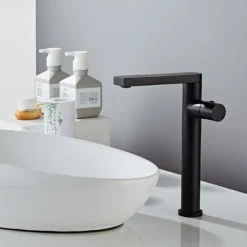 Black Basin Sink Mixer Faucet Brass, Tall Bathroom Taps Single Handle One Hole with Hot and Cold Hose Vessel Water Tap Deck Mounted