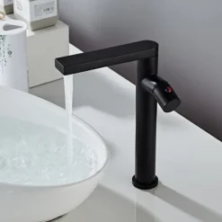 Black Basin Sink Mixer Faucet Brass, Tall Bathroom Taps Single Handle One Hole with Hot and Cold Hose Vessel Water Tap Deck Mounted
