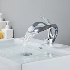 Black Bathroom Sink Mixer Faucet Waterfall Spout, Brass Basin Taps Single Handle One Hole Vessel Bathroom Tap with Hot and Cold Switch Golden Grey Chrome