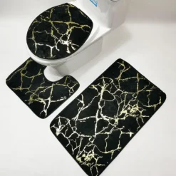 Black Marble Bath Mat Non-slip Bathroom Rugs Sets 3 Piece with Non-Slip Rug, Toilet Lid Cover and Bath Mat, Gold Bathroom Rugs and Mats Sets