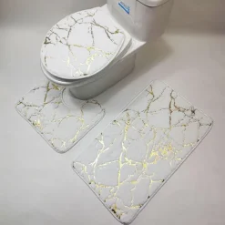Black Marble Bath Mat Non-slip Bathroom Rugs Sets 3 Piece with Non-Slip Rug, Toilet Lid Cover and Bath Mat, Gold Bathroom Rugs and Mats Sets