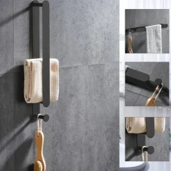 Black Multifunctional Towel Bar with Hook Stainless Steel Painted Finishes Bathroom Shelf Self-adhesive 40cm 1pc