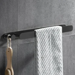 Black Multifunctional Towel Bar with Hook Stainless Steel Painted Finishes Bathroom Shelf Self-adhesive 40cm 1pc
