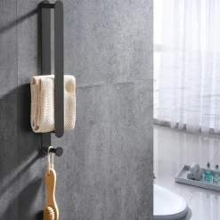 Black Multifunctional Towel Bar with Hook Stainless Steel Painted Finishes Bathroom Shelf Self-adhesive 40cm 1pc