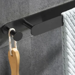 Black Multifunctional Towel Bar with Hook Stainless Steel Painted Finishes Bathroom Shelf Self-adhesive 40cm 1pc