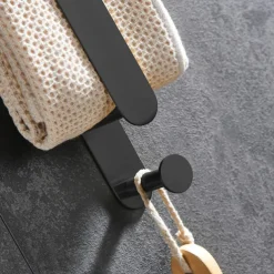 Black Multifunctional Towel Bar with Hook Stainless Steel Painted Finishes Bathroom Shelf Self-adhesive 40cm 1pc