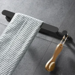 Black Multifunctional Towel Bar with Hook Stainless Steel Painted Finishes Bathroom Shelf Self-adhesive 40cm 1pc