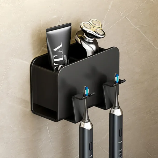 Black Toothbrush Rack Bathroom Toilet Non Perforated Wall Mounted Electric Mouthwash Cup Brush Cup Wall Mounted Space Aluminum Storage Rack