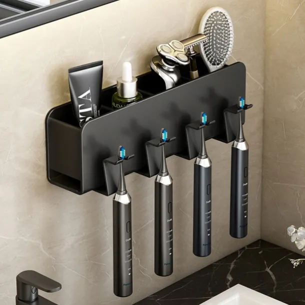 Black Toothbrush Rack Bathroom Toilet Non Perforated Wall Mounted Electric Mouthwash Cup Brush Cup Wall Mounted Space Aluminum Storage Rack