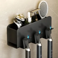 Black Toothbrush Rack Bathroom Toilet Non Perforated Wall Mounted Electric Mouthwash Cup Brush Cup Wall Mounted Space Aluminum Storage Rack