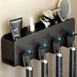 Black Toothbrush Rack Bathroom Toilet Non Perforated Wall Mounted Electric Mouthwash Cup Brush Cup Wall Mounted Space Aluminum Storage Rack