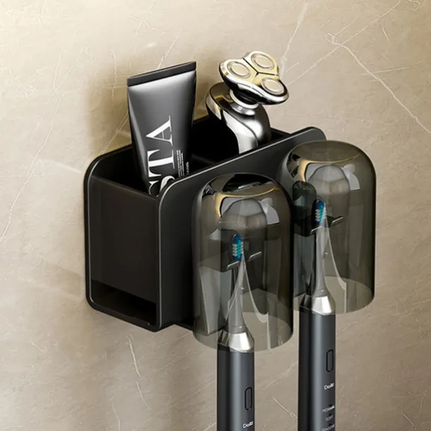 Black Toothbrush Rack Bathroom Toilet Non Perforated Wall Mounted Electric Mouthwash Cup Brush Cup Wall Mounted Space Aluminum Storage Rack
