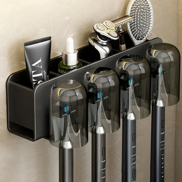 Black Toothbrush Rack Bathroom Toilet Non Perforated Wall Mounted Electric Mouthwash Cup Brush Cup Wall Mounted Space Aluminum Storage Rack