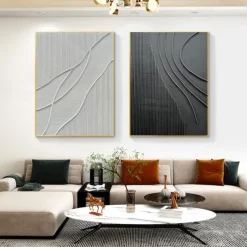 Black White Modern Minimalist Wall Art Modern Minimalist Art Black 3D Texture Painting Abstract Painting Home Wall Decor Stretched Frame Ready to Hang