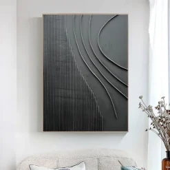Black White Modern Minimalist Wall Art Modern Minimalist Art Black 3D Texture Painting Abstract Painting Home Wall Decor Stretched Frame Ready to Hang