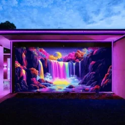 Blacklight Door Decorations Garage Door Cover Glow in the Dark Landscape Waterfall Outdoor Banner Large Backdrop for Party Outdoor Garage Door Home Wall Decorations