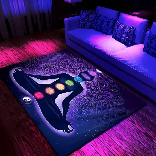 Blacklight Rug UV Reactive Glow in the Dark Area Rug Kitchen Mat Non-Slip Oil Proof Mandala Boho Floor Mat Livingroom Rug Indoor Outdoor Mat Bedroom Decor Bathroom Mat Entrance Rug Door Mat