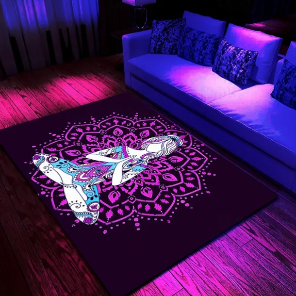 Blacklight Rug UV Reactive Glow in the Dark Area Rug Kitchen Mat Non-Slip Oil Proof Mandala Boho Floor Mat Livingroom Rug Indoor Outdoor Mat Bedroom Decor Bathroom Mat Entrance Rug Door Mat