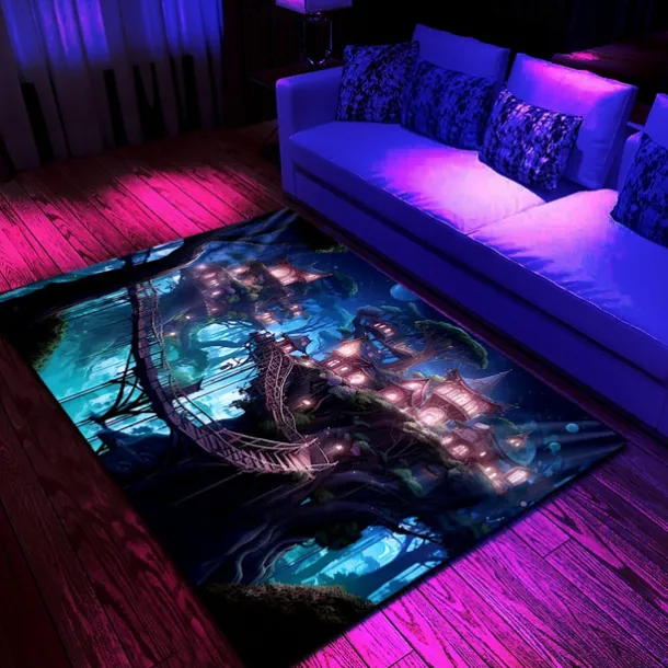 Blacklight Rug UV Reactive Glow in the Dark Area Rug Kitchen Mat Non-Slip Oil Proof Trippy Tree House Floor Mat Livingroom Rug Indoor Outdoor Mat Bedroom Decor Bathroom Mat Entrance Rug Door Mat