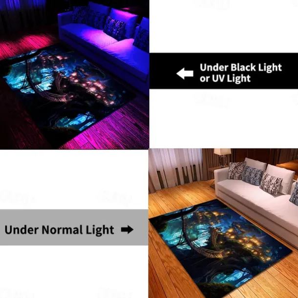 Blacklight Rug UV Reactive Glow in the Dark Area Rug Kitchen Mat Non-Slip Oil Proof Trippy Tree House Floor Mat Livingroom Rug Indoor Outdoor Mat Bedroom Decor Bathroom Mat Entrance Rug Door Mat