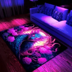 Blacklight Rug UV Reactive Glow in the Dark Area Rug Kitchen Mat Non-Slip Oil Proof Creepy Dragon Floor Mat Livingroom Rug Indoor Outdoor Mat Bedroom Decor Bathroom Mat Entrance Rug Door Mat