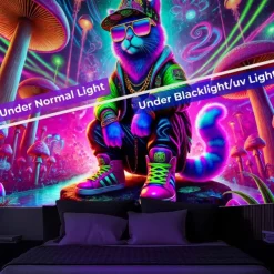 Blacklight Tapestry Glow in the Dark Glow Party UV Reactive Street Cat Trippy Misty Nature Landscape Hanging Tapestry Wall Art Mural for Living Room Bedroom