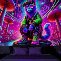 Blacklight Tapestry Glow in the Dark Glow Party UV Reactive Street Cat Trippy Misty Nature Landscape Hanging Tapestry Wall Art Mural for Living Room Bedroom