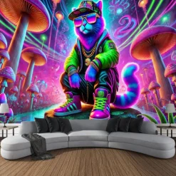 Blacklight Tapestry Glow in the Dark Glow Party UV Reactive Street Cat Trippy Misty Nature Landscape Hanging Tapestry Wall Art Mural for Living Room Bedroom