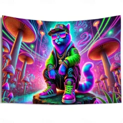 Blacklight Tapestry Glow in the Dark Glow Party UV Reactive Street Cat Trippy Misty Nature Landscape Hanging Tapestry Wall Art Mural for Living Room Bedroom